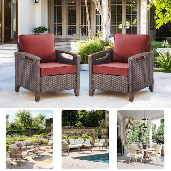Farmhouse 2-Piece Brown PE Wicker Outdoor Lounge Chair with Olefin Red Cushions/Metal Armrest