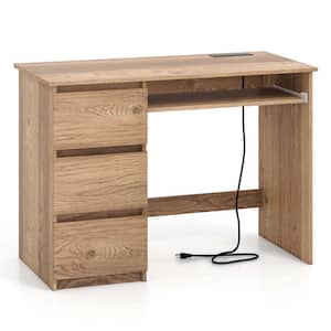 42 in. Rectangular Natural Engineered Wood 3-Drawer Desk with Keyboard Tray and Power Management