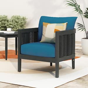 Rattler Black Acacia Wood Outdoor Patio Lounge Chair with Dark Teal Cushions