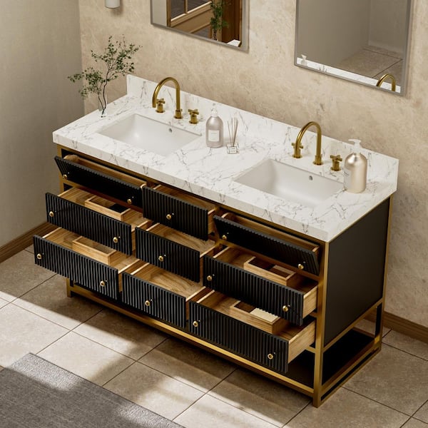 Solidoak 60 in. W x 22 in. D x 35.4 in. H Double Sink Bath Vanity in Black with White Engineered Marble Top