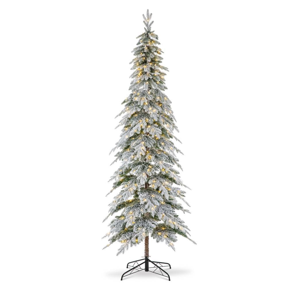 9ft Narrow Flocked Spruce Christmas Tree with Warm White Lights