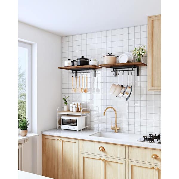 Rustic Brown and Black Wall-Mounted Hanging Pot Rack Set, Vintage Industrial Pot Rack for Kitchen Storage, 2 Pack