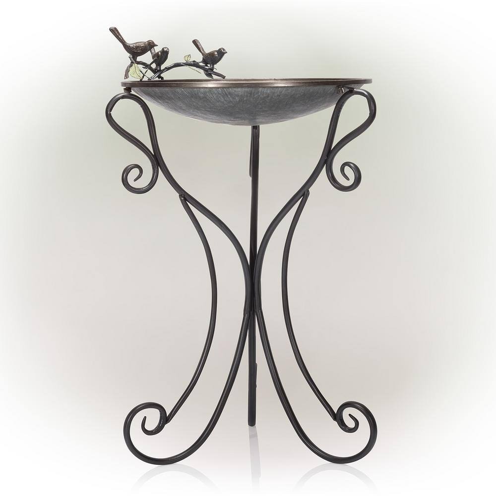 Silver Metal Birdbath with Stand and Bird Figurines