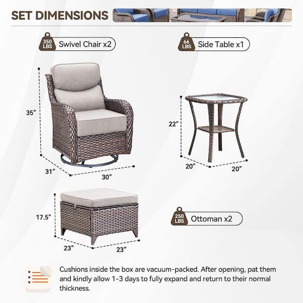 MoonLuxe Brown Swivel Glider Wicker Patio Conversation Set with Beige Olefin 6 in. Thick Cushions/Ottoman (5-Piece)