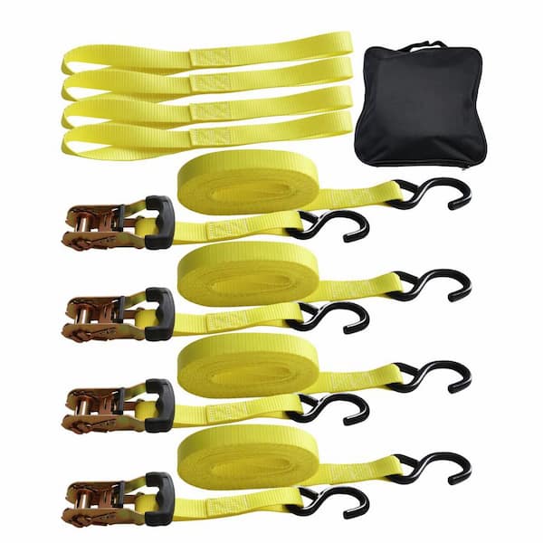 15 ft x 1 in Ratchet Tie Down Straps with Rubber Coated S Hooks and Storage Bag Heavy Duty 3300 lbs. 4 Pack