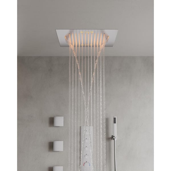 EVERSTEIN 15-Spray 20 in. Dual Shower Heads Ceiling Mount Fixed and Handheld Shower Head with Music, 3 Body Jets in Nickel