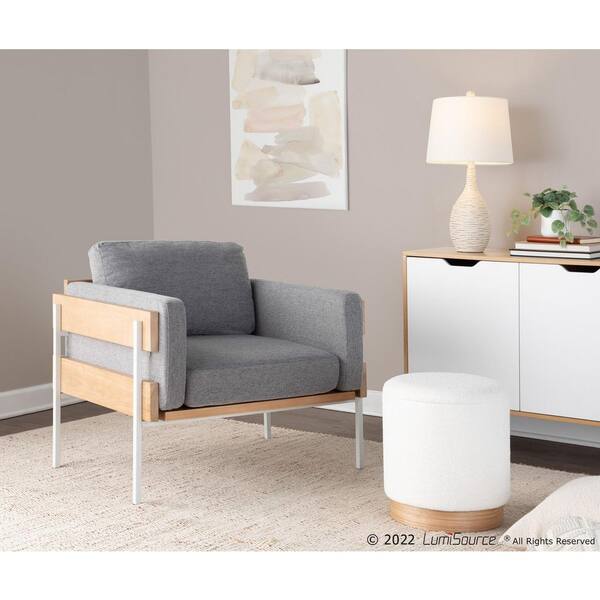 Kari Light Grey Fabric and Natural Wood Arm Chair with White Metal Base