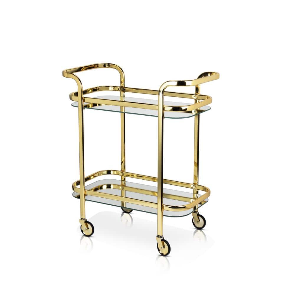 Belmont Polished Gold Stainless Steel Bar Cart with Glass Shelves