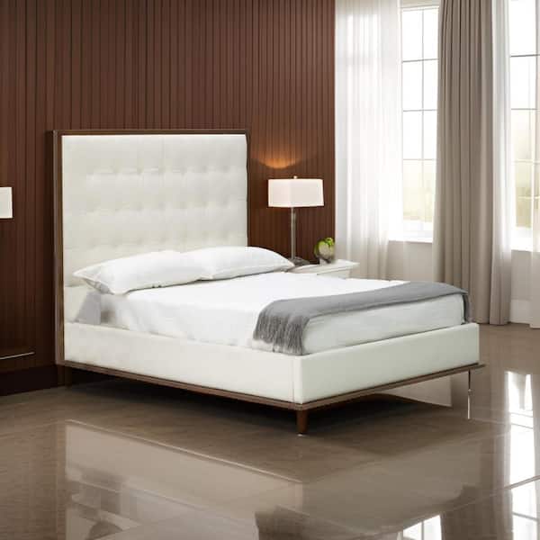 Benjara Cid Jess White Wood Frame King Size Platform Bed with Tufted Faux Leather Upholstery