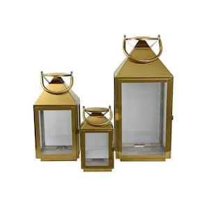 Gold Metal Decorative Lantern with Wooden Handle and Glass Panel (Set of 3)