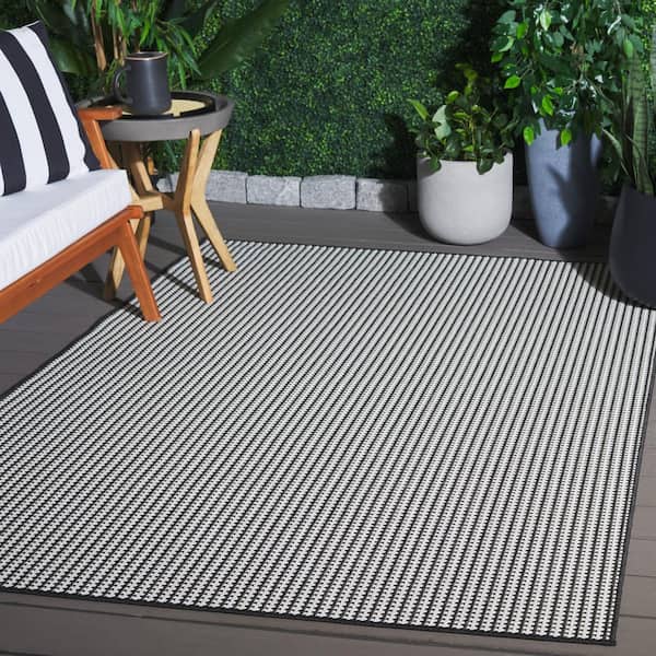 Terrace Black/White 9 ft. x 12 ft. Geometric Striped Indoor/Outdoor Area Rug