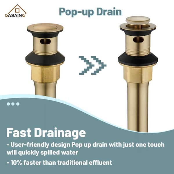 Brushed Brass Bathroom Faucet 3 Hole with Pop Up Drain (with Over Flow) and  Supply Hose, Stainless Steel 8 in Widespread Gold Bathroom Sink Faucet