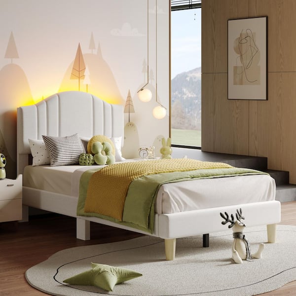 Beige Wood Frame Twin Upholstered Platform Bed Scalloped Bed Frame with LED Adjustable Arc Headboard