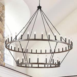 54-Light Black and Wood GRain Candle Design Circle Wagon Wheel Chandelier 2-Tier Farmhouse Chandelier for Dining Room