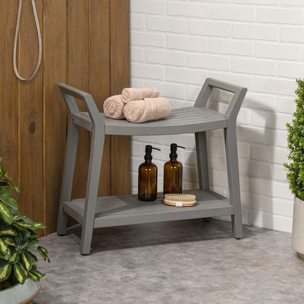 Orla 25.59 in. Modern Classic Slatted Solid Acacia Wood Indoor/Outdoor Shower Bench with Shelf and Handle, Gray
