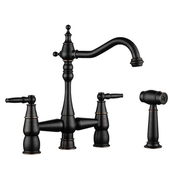 Deck Mounted 4-Hole Double Handle Bridge Kitchen Faucet Solid Brass with Side Sprayer in Oil Rubbed Bronze