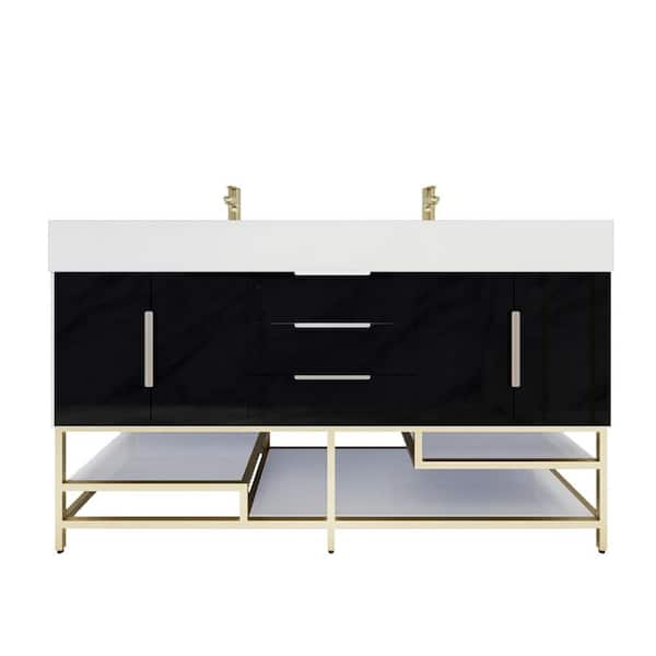 Bethany 59 in. W. x 20 in. D x 36 in. H Double Sink Freestanding Bath Vanity in Gloss Black with White Acrylic Top