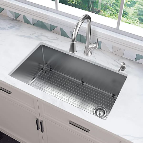 Tight Radius 36 in. Undermount Single Bowl 18 Gauge Stainless Steel Kitchen Sink with Pull-Down Faucet