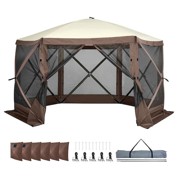 SVOPES Pop Up Gazebo Tent, 11.5 x 11.5 FT. Quick Set Canopy with 6 Privacy Wind Cloths & Mesh Windows, Brown