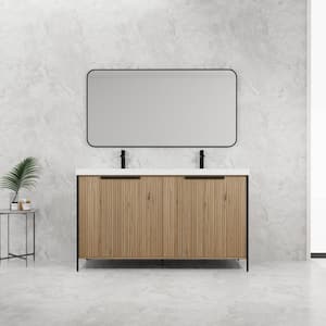 59.1 in. W x 19.7 in.D x 34.94 in.H Double Sink Freestanding Bath Vanity in Brown w/ White Resin Top and Storage Cabinet