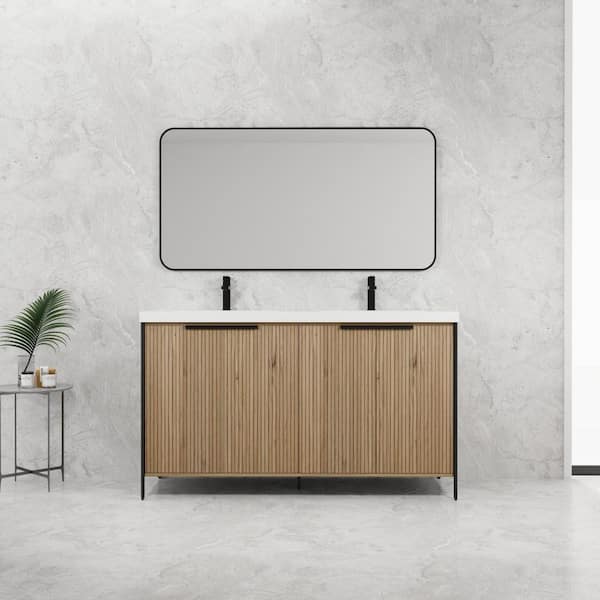 EPOWP 59.1 in. W x 19.7 in.D x 34.94 in.H Double Sink Freestanding Bath Vanity in Brown w/ White Resin Top and Storage Cabinet