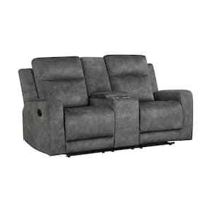 Clemencia 71 in. W Brownish Gray Microfiber 2-Seater Manual Double Reclining Loveseat with Center Console