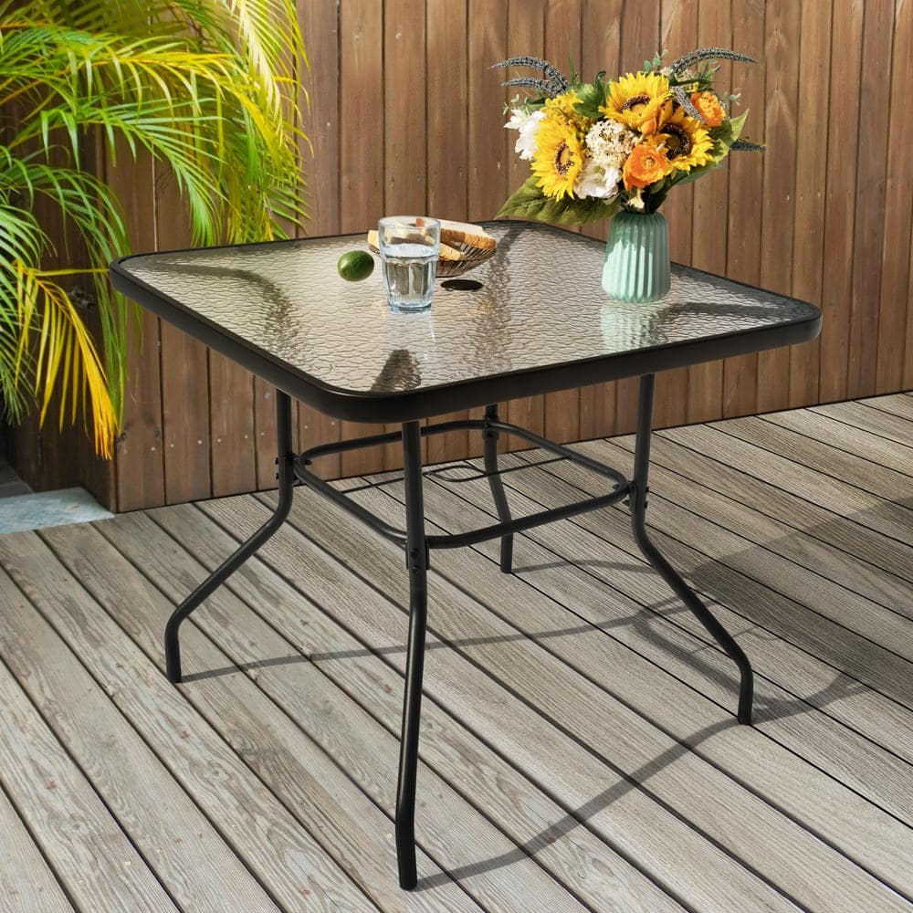 Black Square Metal Outdoor Dining Table with Tempered Glass Top