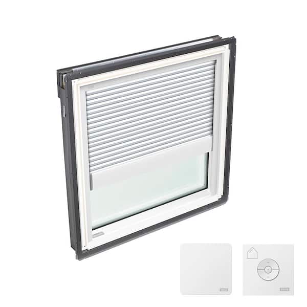 VELUX 30-1/16 in. x 30 in. Fixed Deck Mount Skylight with Laminated Low-E3 Glass, White Solar Powered Room Darkening Shade