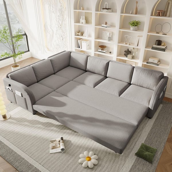 Convertible Left/Right Facing 115.2 in. Teddy Fabric King Size Sofa Bed in Light Gray with Side Pockets, USB Ports