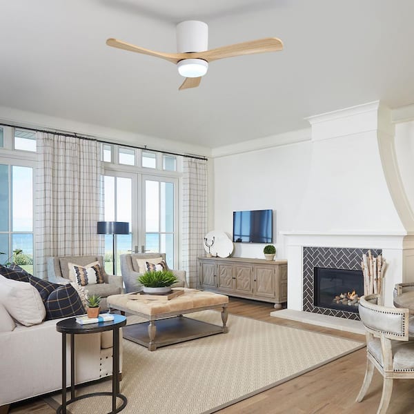 42 in. Indoor/Outdoor Natural Flush Mount White Blade Standard Solid Wood Ceiling Fan w/ LED Light Kits, Remote Control