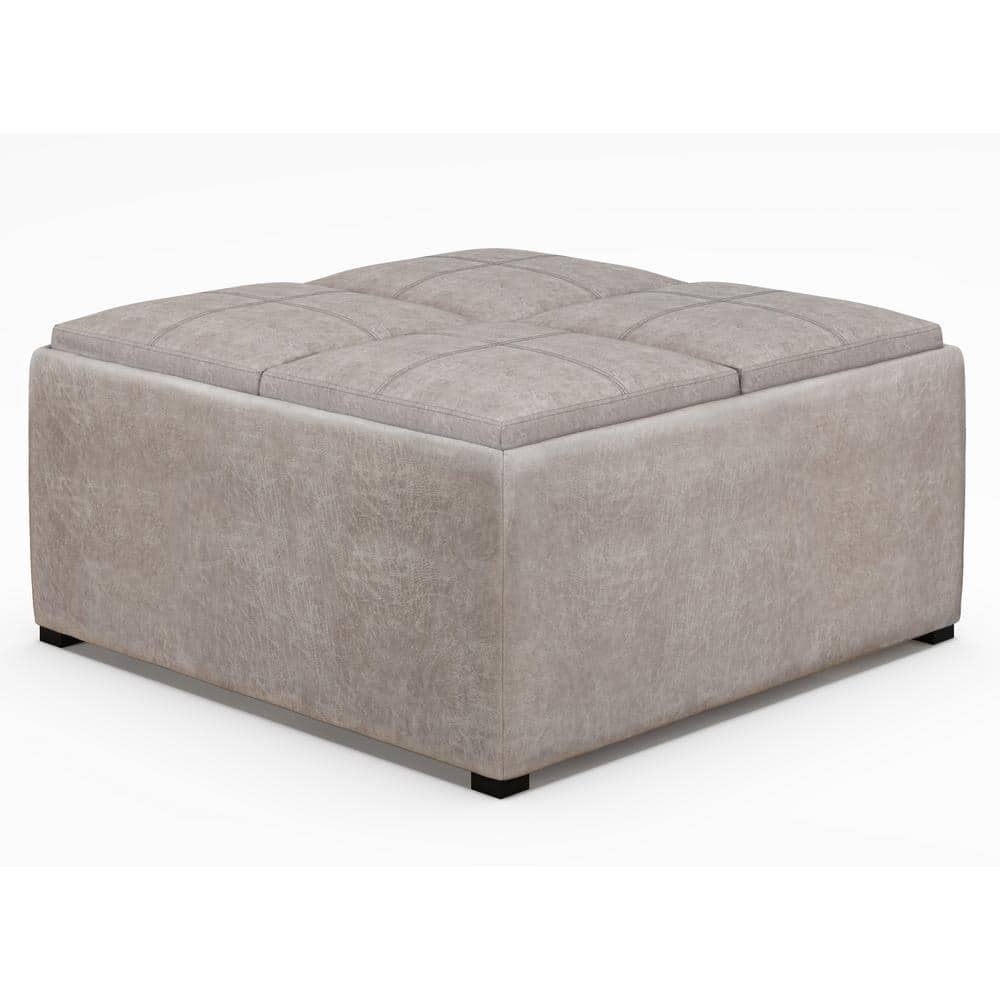 Avalon Distressed Grey Taupe Faux Leather Storage Ottoman