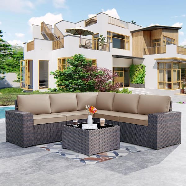 Halmuz 6-Piece Wicker Outdoor Sectional Set with Sand Cushion