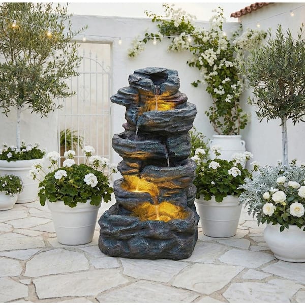 6-Tier Outdoor Cascade Stone Fountain with 3-LED Lights,for Garden