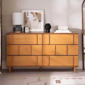 Modern Caramel 6-Drawer 60 in. Wood Dresser with Vertical Accents
