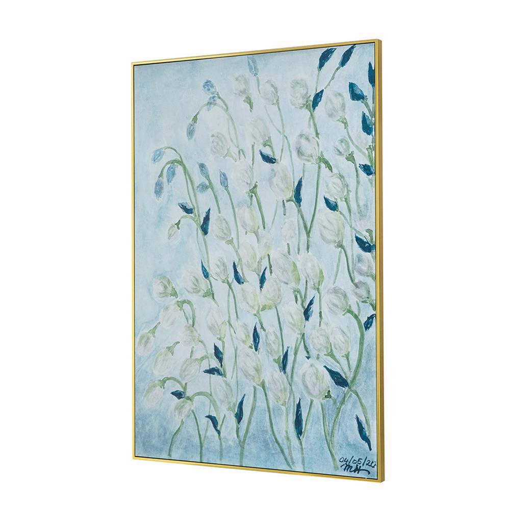 Large Blue and White Floral Canvas Painting with Brown Frame