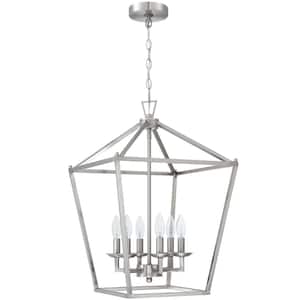 16 in. 6-Light Brushed Nickle Chandeliers Geometric Cage Lantern Pendant Light