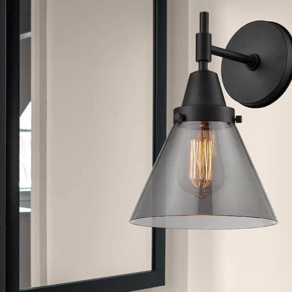 Cone 1-Light Matte Black Wall Sconce with Gray Glass Shade