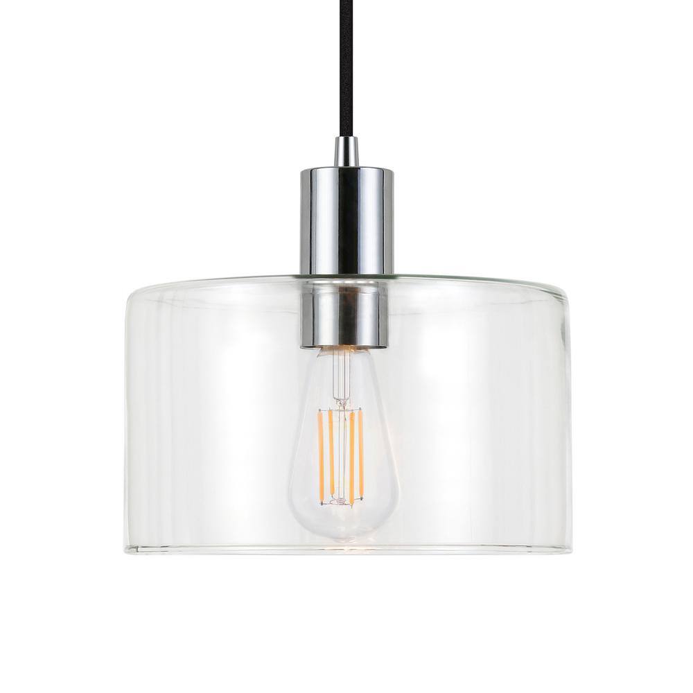 Contemporary Polished Nickel Drum Pendant with Hand-Blown Glass Shade
