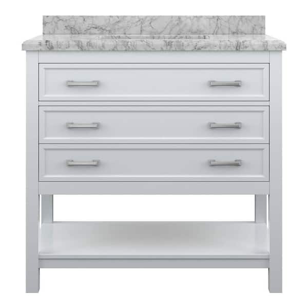 Affinity 37 in. Modern Bathroom Vanity in White with Carrara White Marble Countertop