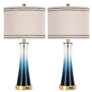 27.4  in.  Blue Glass Table Lamps Set (Set of 2) with USB Ports 3-Way Dimmable Touch Control Nightstand Lamp