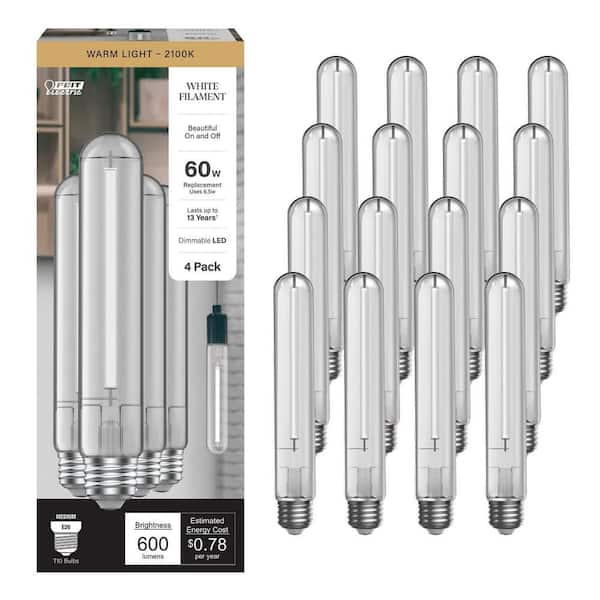 60-Watt Equivalent T10L Dimmable Straight White Filament Clear E26 Vintage LED Light Bulb, Warm White 2100K (16-Pack)