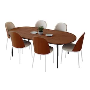 Tule 7 Piece Dining Set with 6 Velvet Seat Dining Chair in White Frame and 71 in. Oval Dining Table, Walnut/Beige