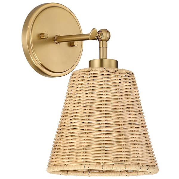 Adella 1 Light Brass Boho Natural Rattan Hardwired Wall Sconce with Adjustable Swivel Swing Arm TD10028W