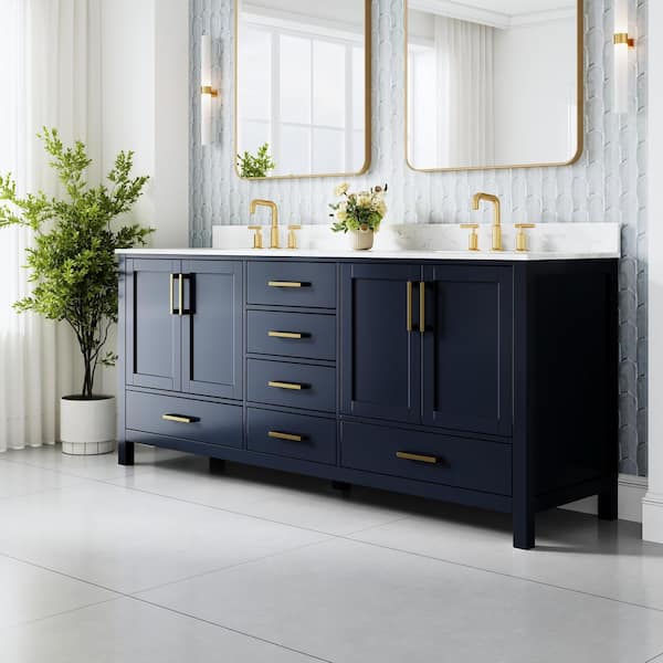 80 in. Freestanding Navy Blue Solid Wood Bath Vanity with Durable Carrara White Cultured Marble Top,Soft-Close,Assembled