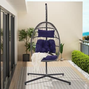 Modern Wicker Indoor and Outdoor Patio Swing Hanging Egg Chair with Blue Cushion, Garden Rattan Hammock Chair with Stand