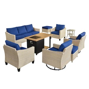 Oconee 9-Piece Wicker Patio Conversation Sofa Set with Swivel Rocking Chairs, a Storage Fire Pit and Navy Blue Cushions