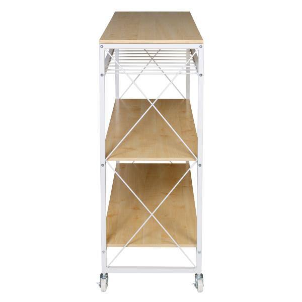 White and Oak Rolling Kitchen Cart with Wine Rack and Storage