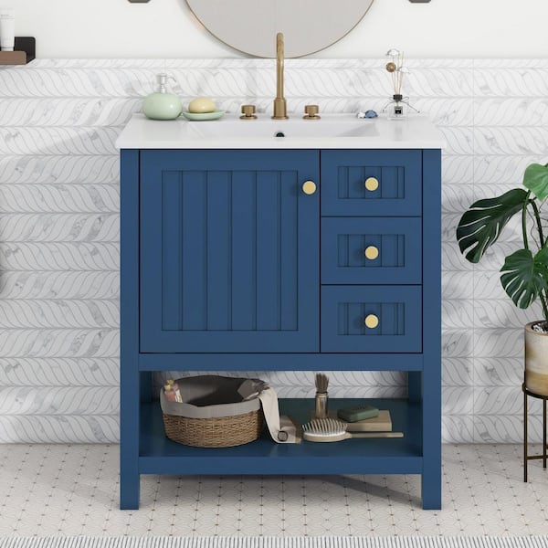 Staykiwi 30 in. W x 18 in. D x 34 in. H Single Sink Freestanding Bath Vanity in Blue with White Ceramic Top