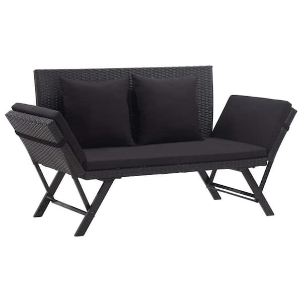 Black Metal Steel Rattan Loveseat Outdoor Bench with Black Fabric Cushions