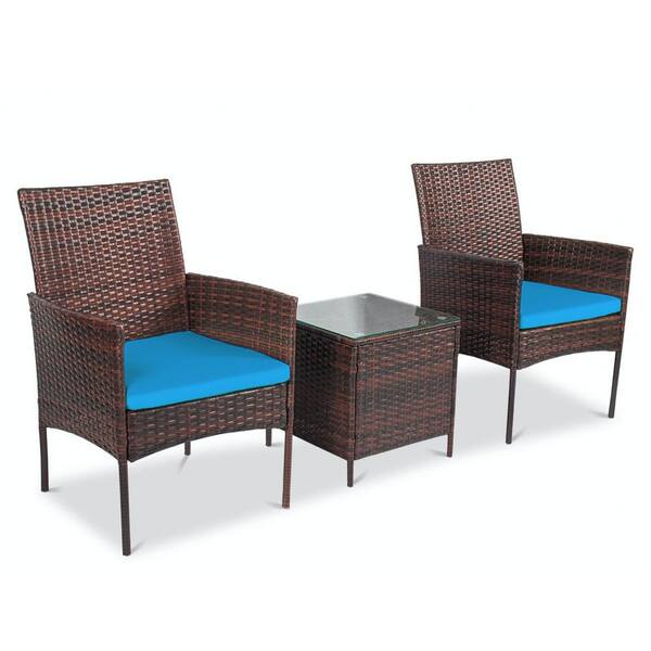 Pyramid Home Decor Alvino 3 Piece Wicker Rattan Outdoor Patio Bistro Set Chairs With Thick Light Blue Cushion And Glass Top Coffee Table P A160 Lb The
